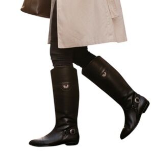 Nicole Paige Black Leather Riding Boots Size 8 Brass Buckle Made in Brazil